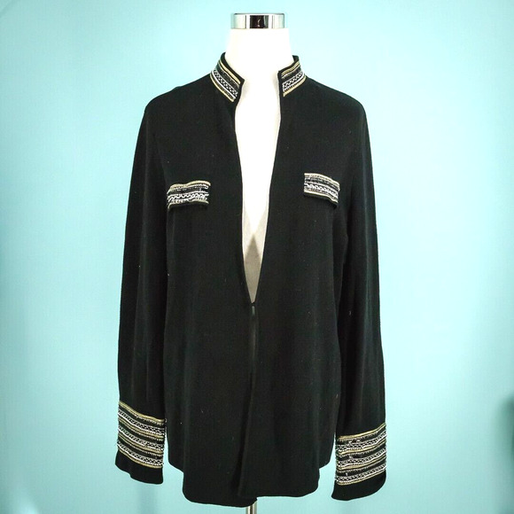 Chico's 3 Size XL Black Beaded Sequin Embroidered V Neck Cotton Cardigan Sweater - Picture 1 of 8